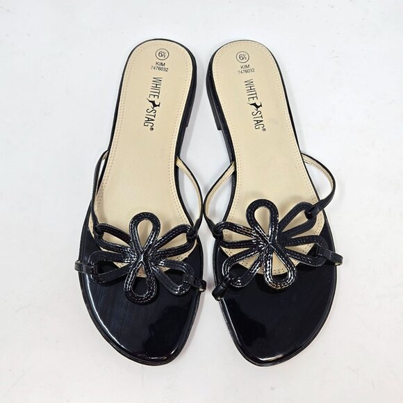 White Stag Womens Black Open-Toe Sandals Flower Detail Size 6.5 Faux Leather Sli - Picture 3 of 9